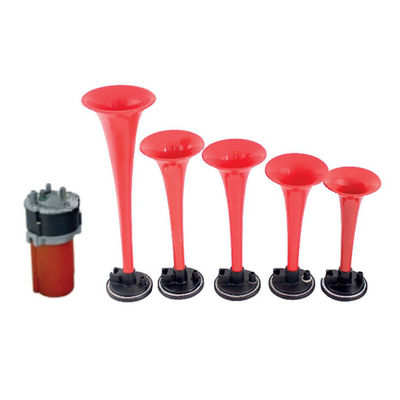Car Horn Air Horn Kit Red 5 Pipes Trumpet With Compressor Super Loud For Car Truck Van Train Universal 12/24V Refit Horn