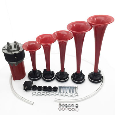 Car Horn Air Horn Kit Red 5 Pipes Trumpet With Compressor Super Loud For Car Truck Van Train Universal 12/24V Refit Horn