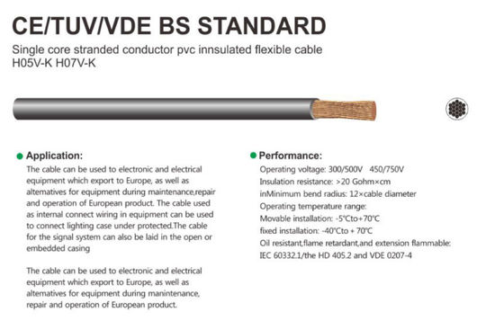 Single Core Stranded Conductor Pvc Innsulated Flexible Cable CE/TUV/VDE BS STANDARD