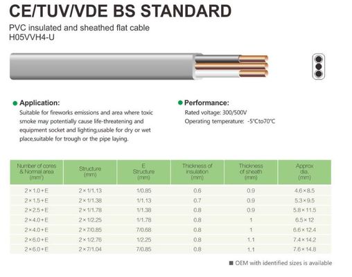 PVC Insulated And Sheathed Flat Cable H05VVH4-U CE/TUV/VDE BS STANDARD